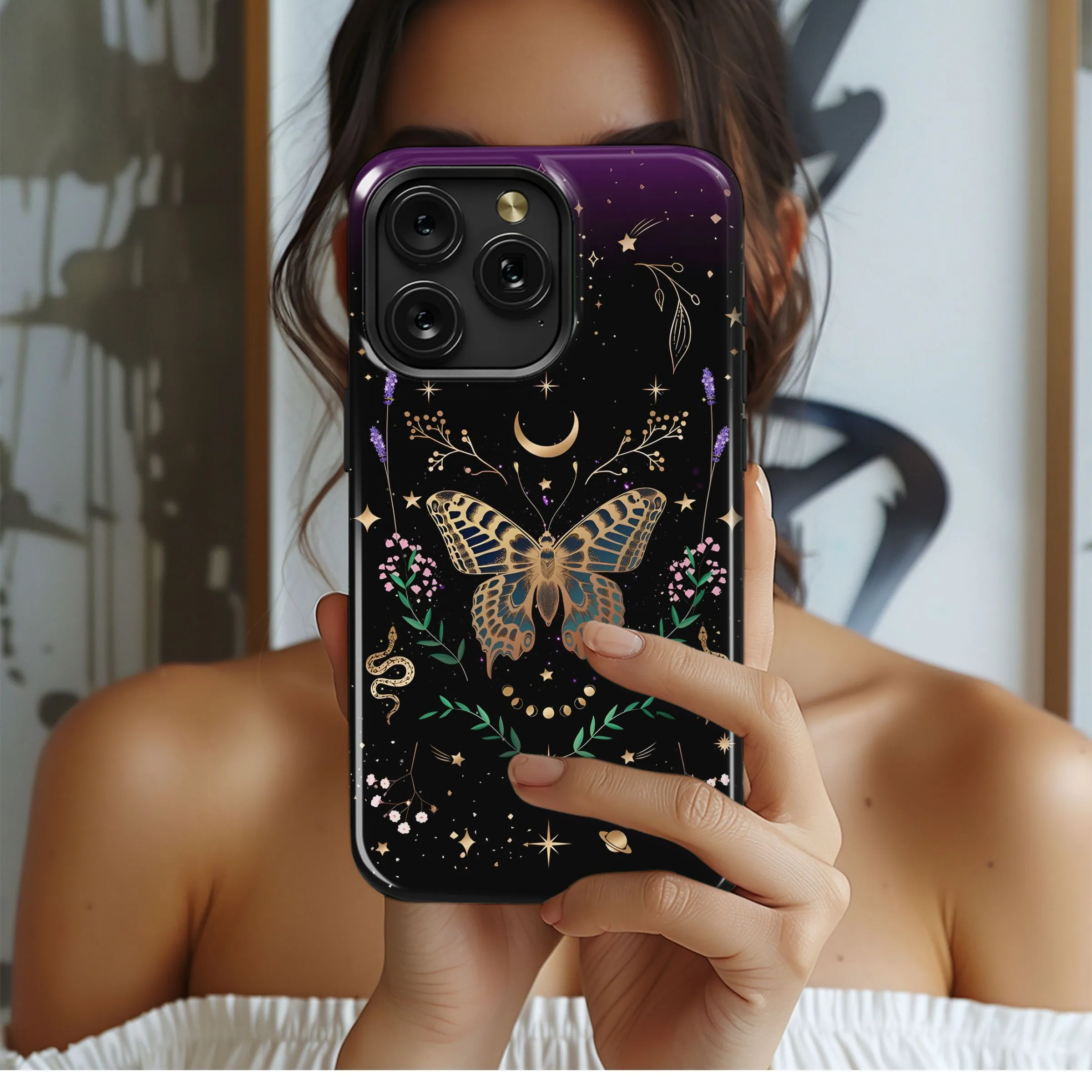Golden Butterfly Celestial Night Design Phone Case iPhone Samsung Cover Pixel 5390