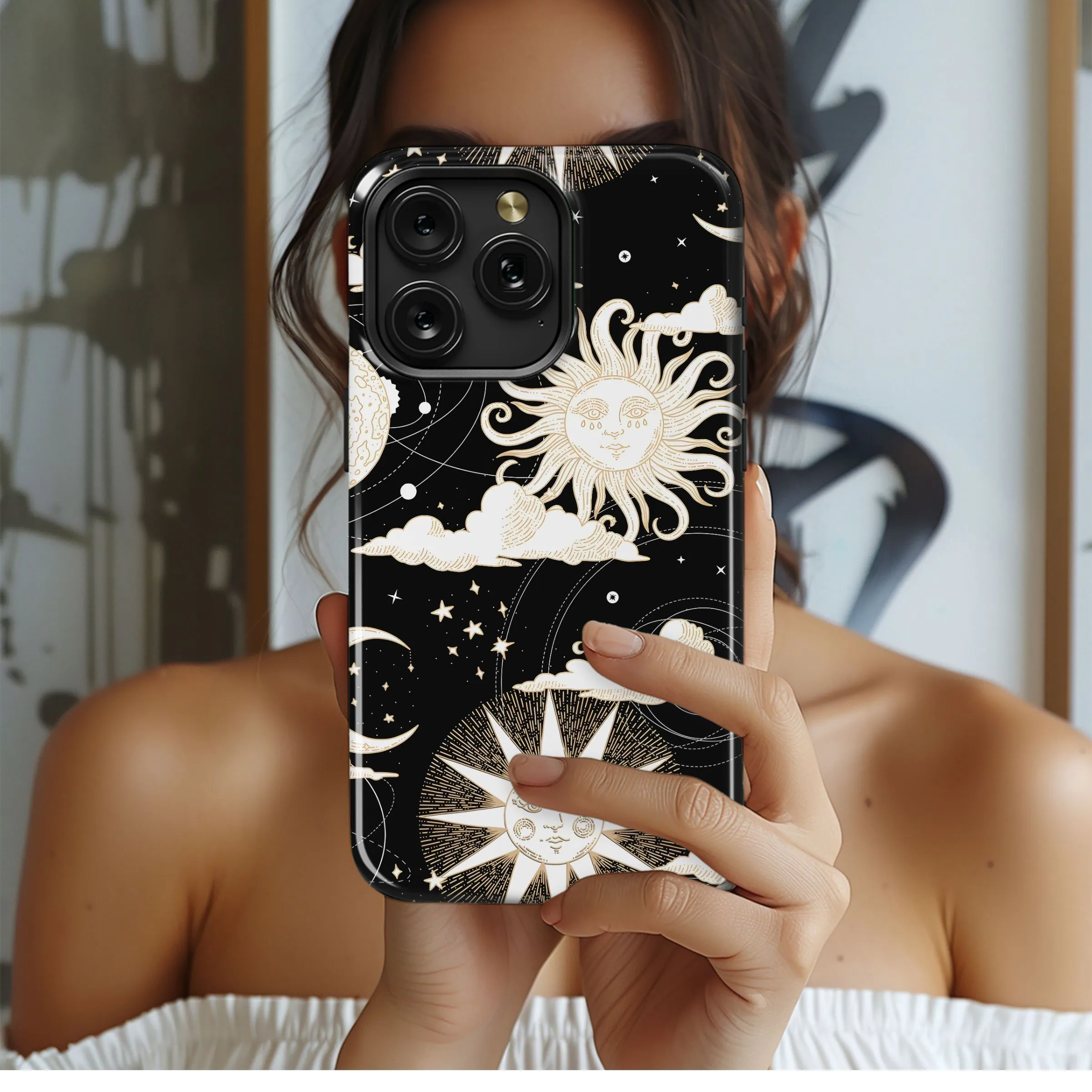 Golden Celestial Sun Moon Stars Pattern Phone Case iPhone Samsung Cover Pixel 5393