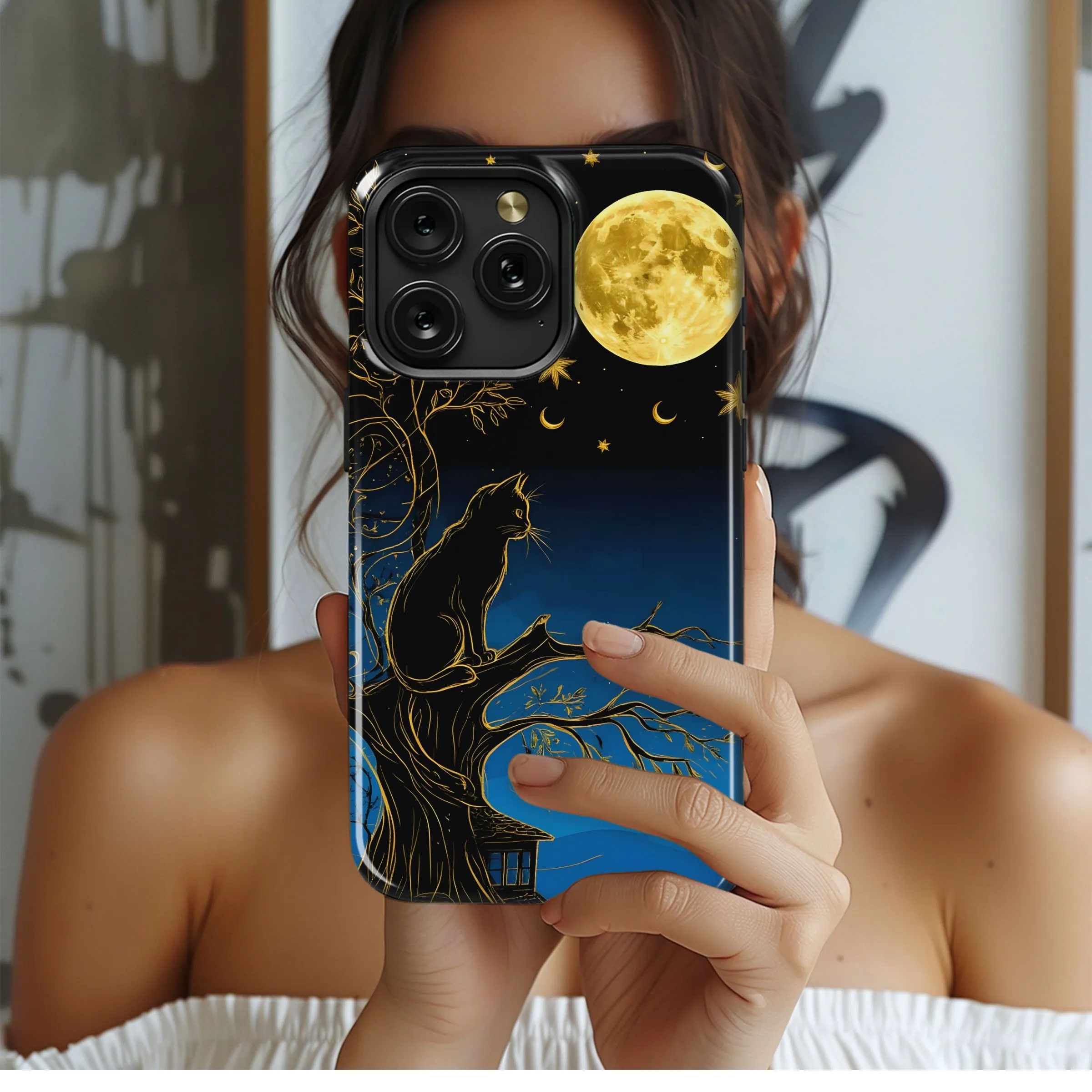Golden Moon Mystic Black Cat Phone Case iPhone Samsung Cover Pixel 5387