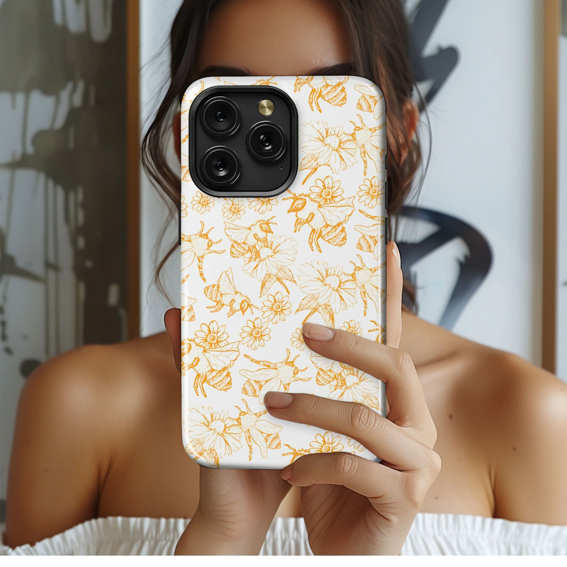 Golden Orange Bee Flower Pattern Phone Case iPhone Samsung Cover Pixel 5285