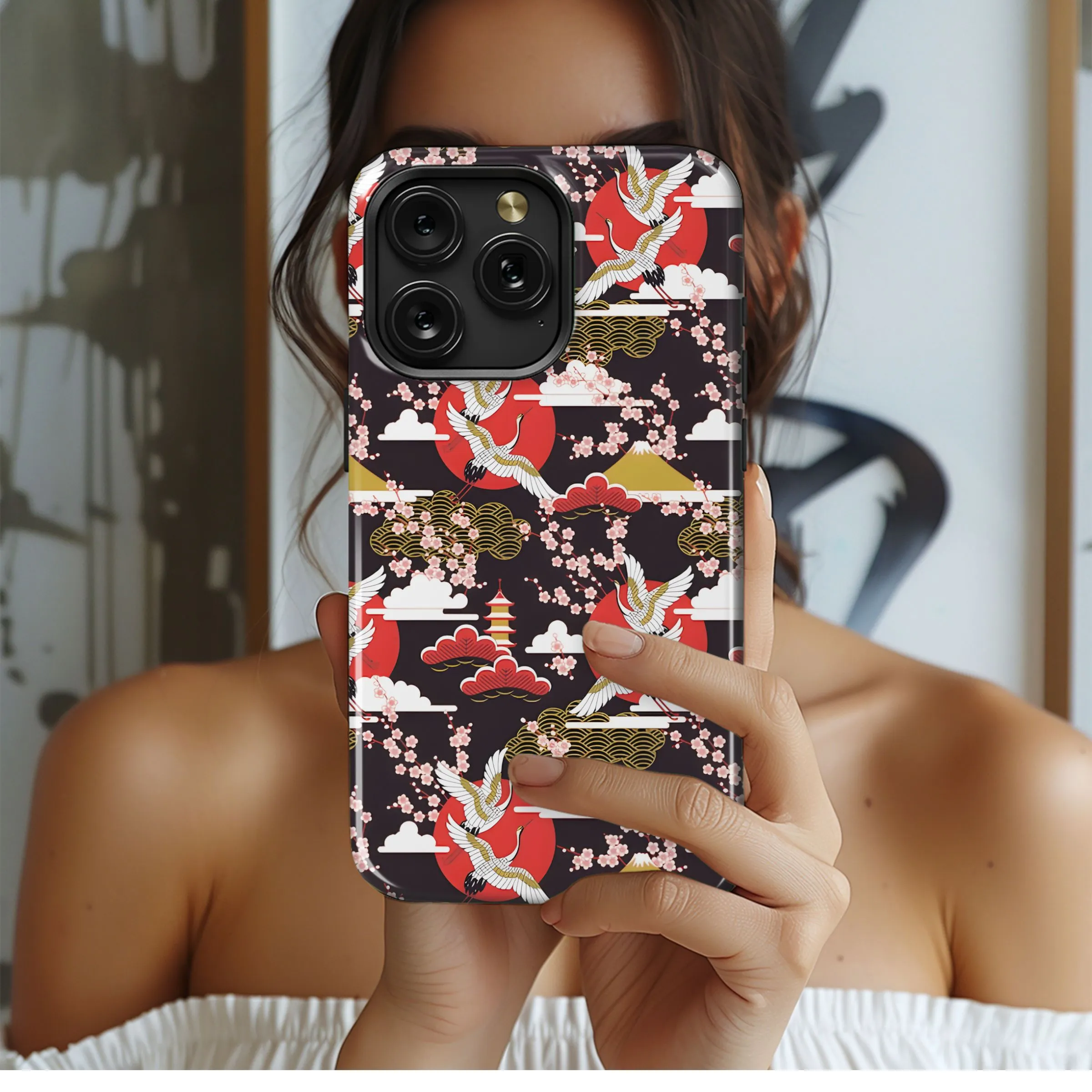Japanese Cranes Sakura Mount Fuji Phone Case iPhone Samsung Cover Pixel 5235