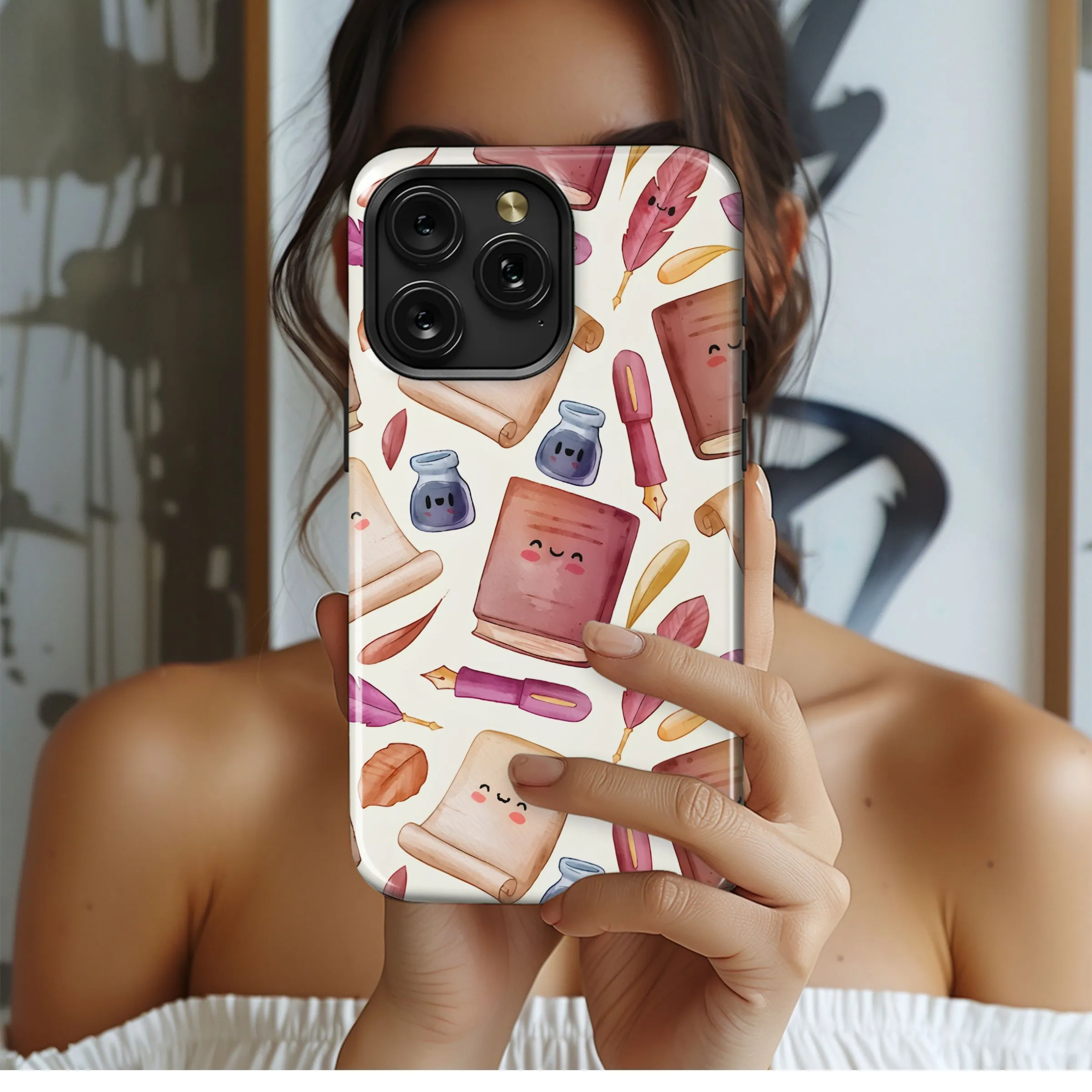 Kawaii Writing and Reading Pattern Phone Case iPhone Samsung Cover Pixel 5372