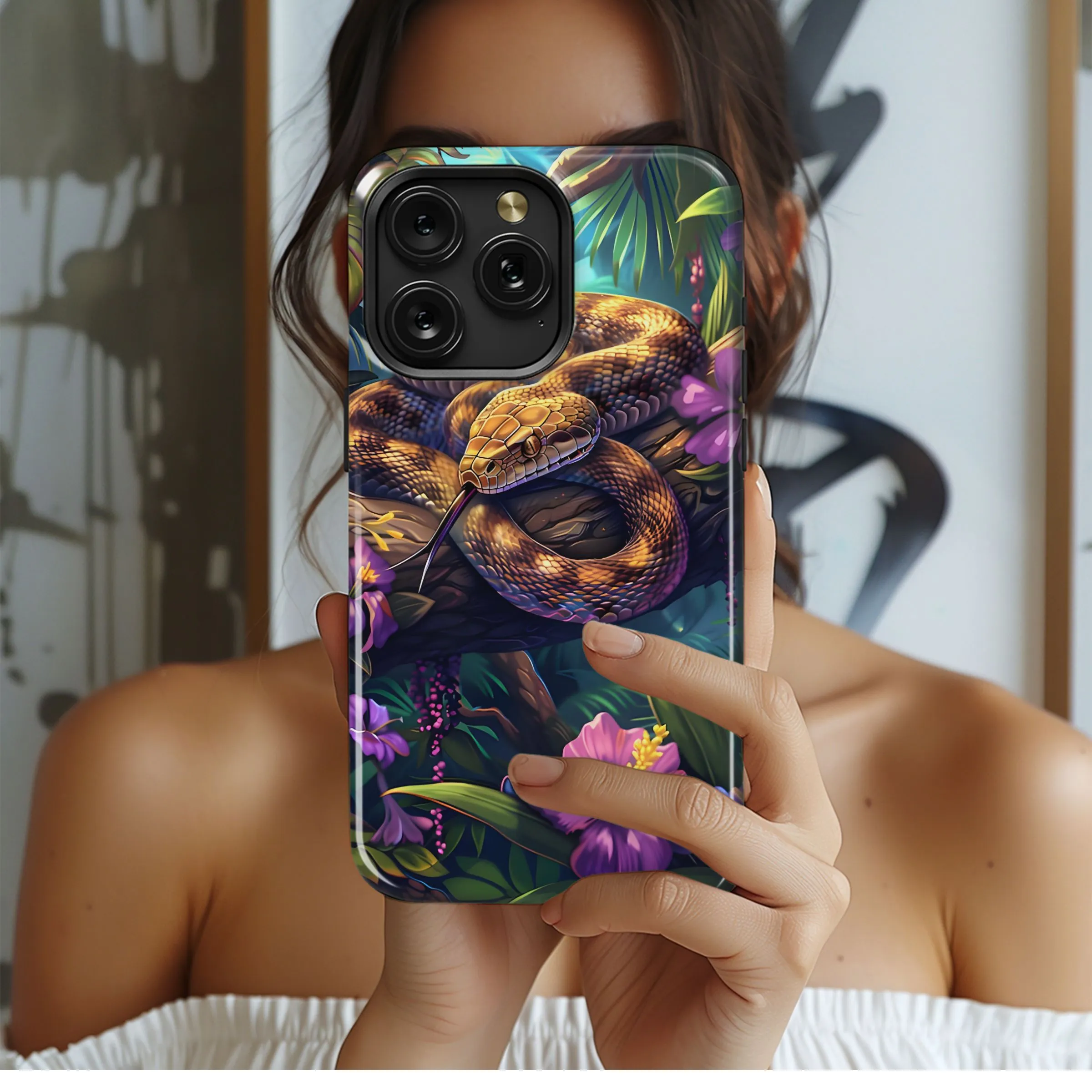 Lush Jungle Snake Purple Flowers Phone Case iPhone Samsung Cover Pixel 5239