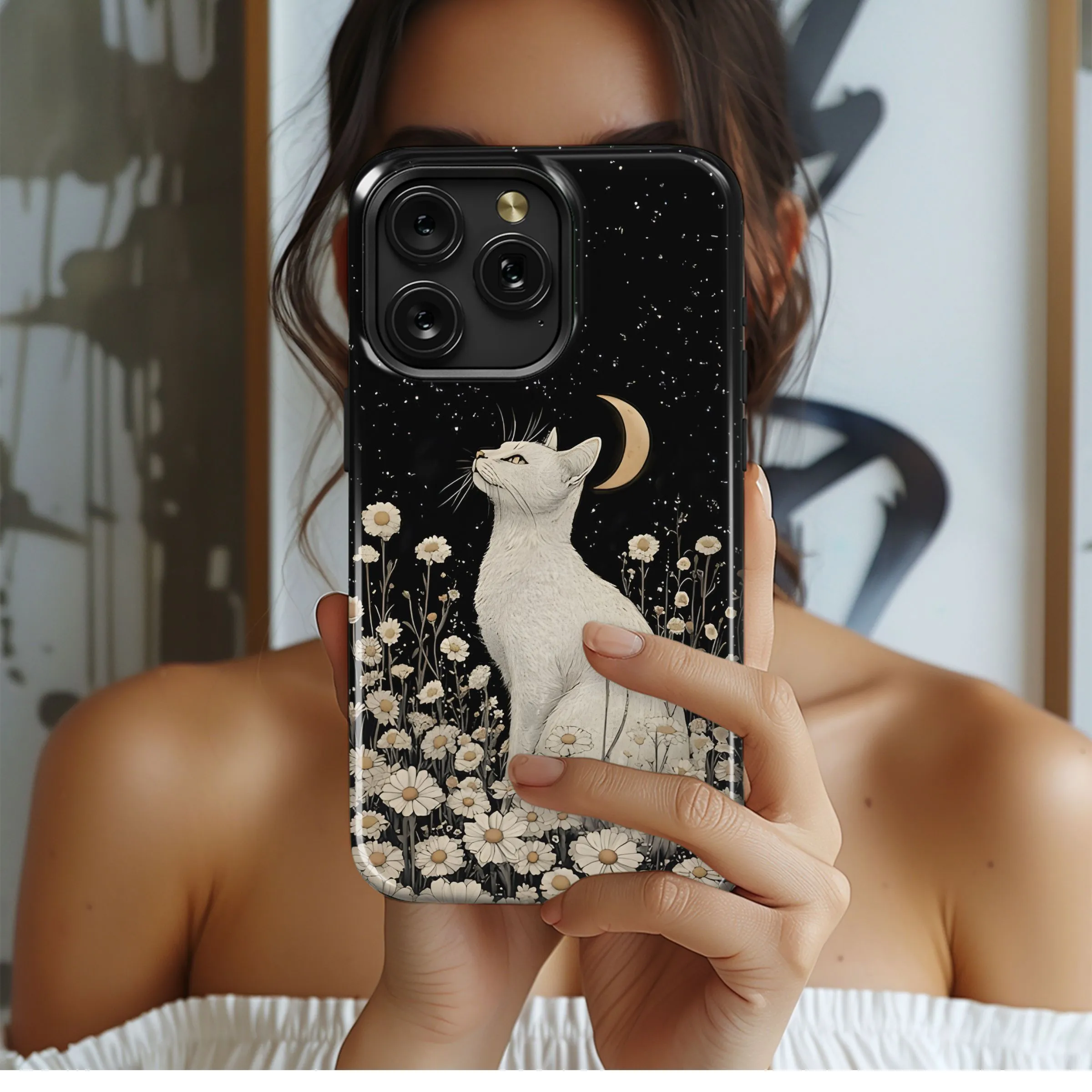 Moonlit Cat Among Daisies Phone Case iPhone Samsung Cover Pixel 5249