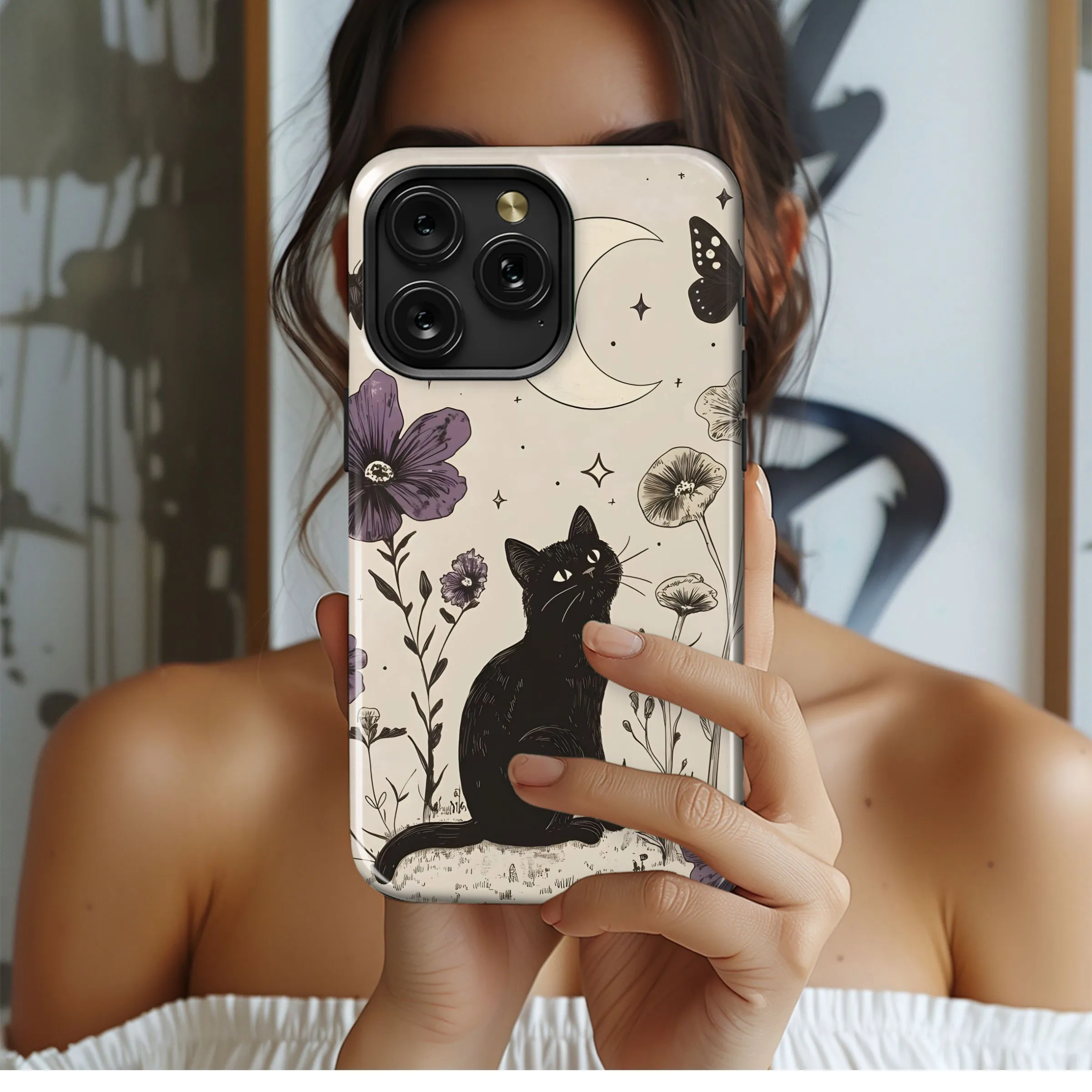Mystical Cat Moon and Flowers Phone Case iPhone Samsung Cover Pixel 5445