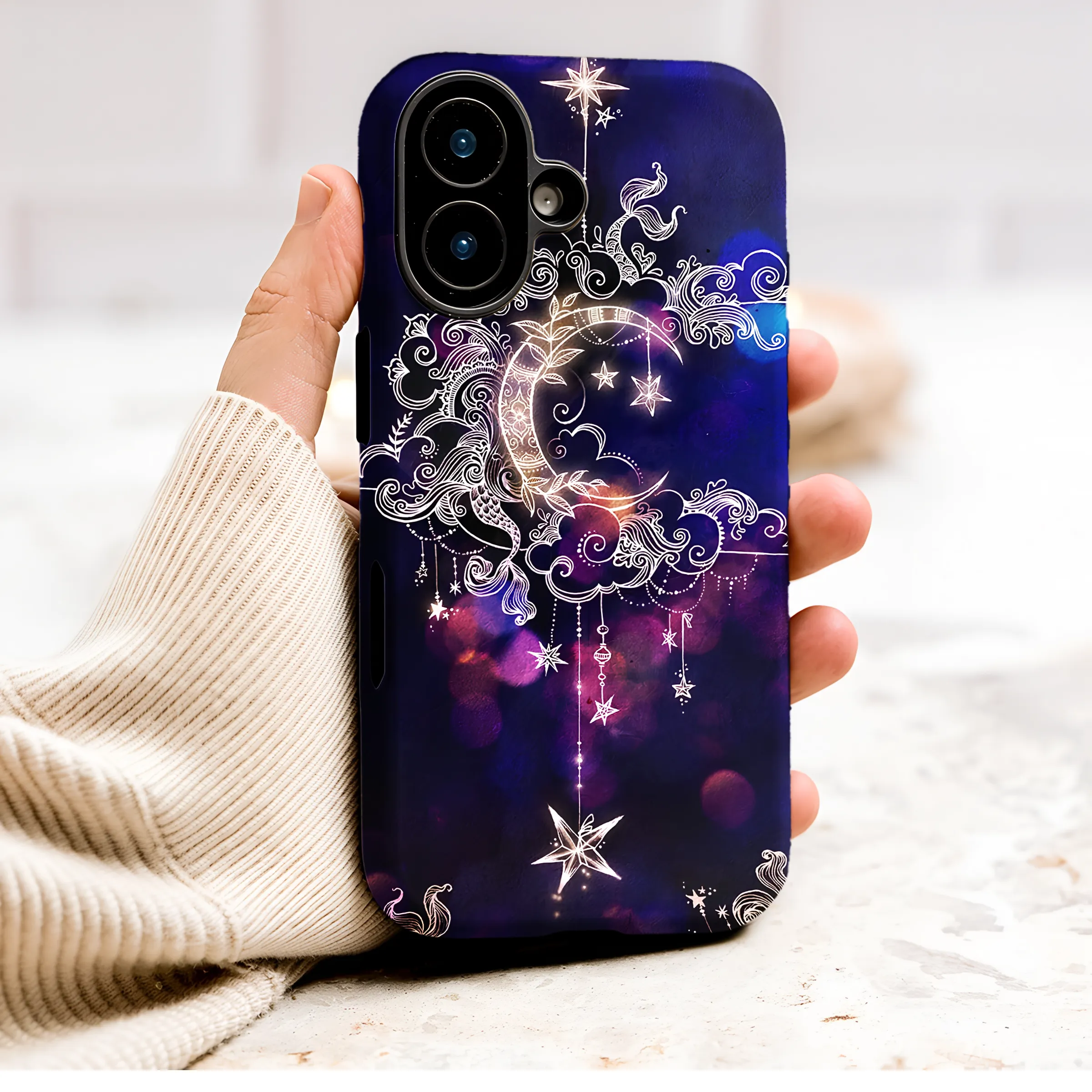 Mystical Celestial Moon and Stars Doodle Art Design Phone Case Cover for iPhone 17 Pro Max 16 15 13 Samsung S26 S25 Pixel 9501 - Image 1