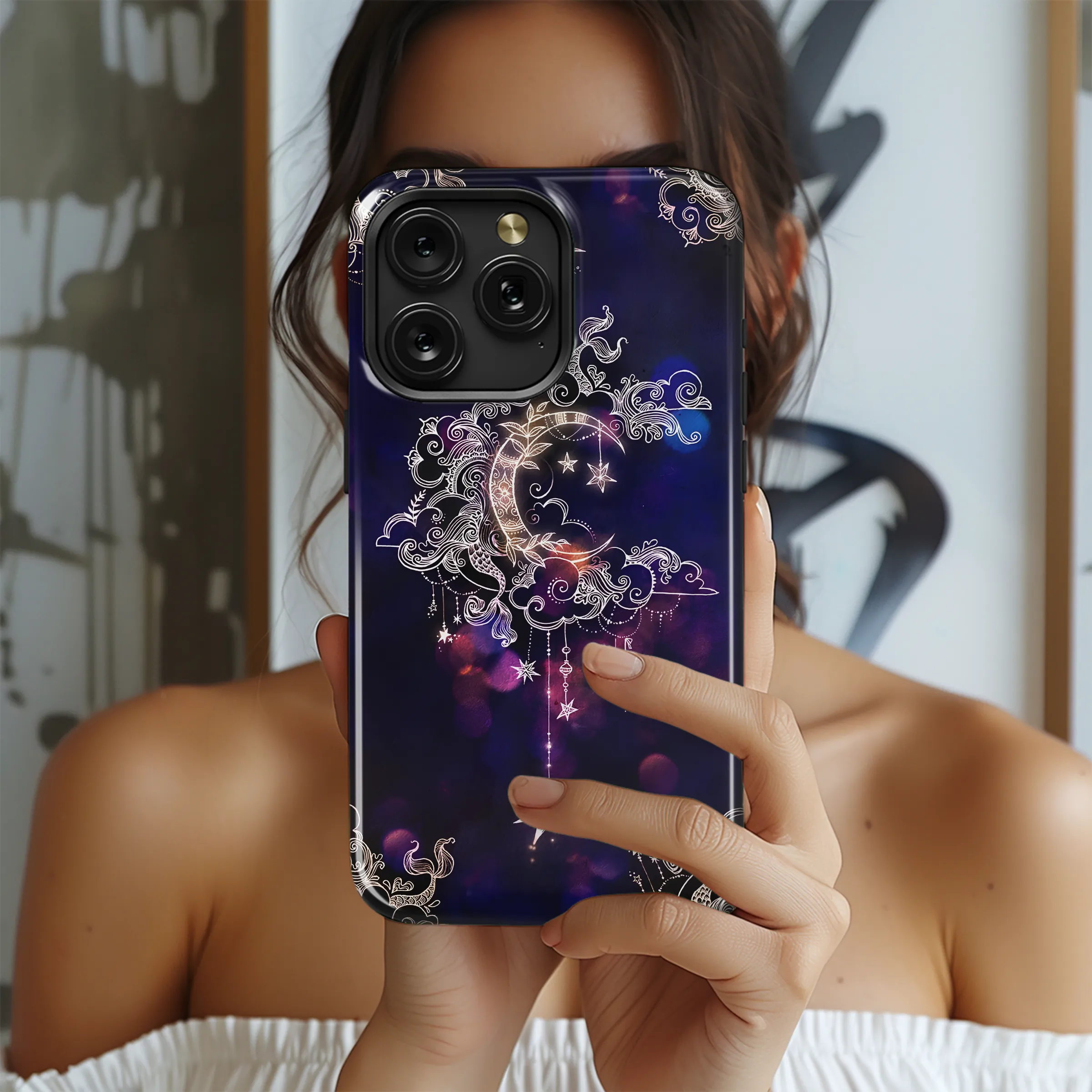 Mystical Celestial Moon and Stars Doodle Art Design Phone Case Cover for iPhone 17 Pro Max 16 15 13 Samsung S26 S25 Pixel 9501 - Image 2