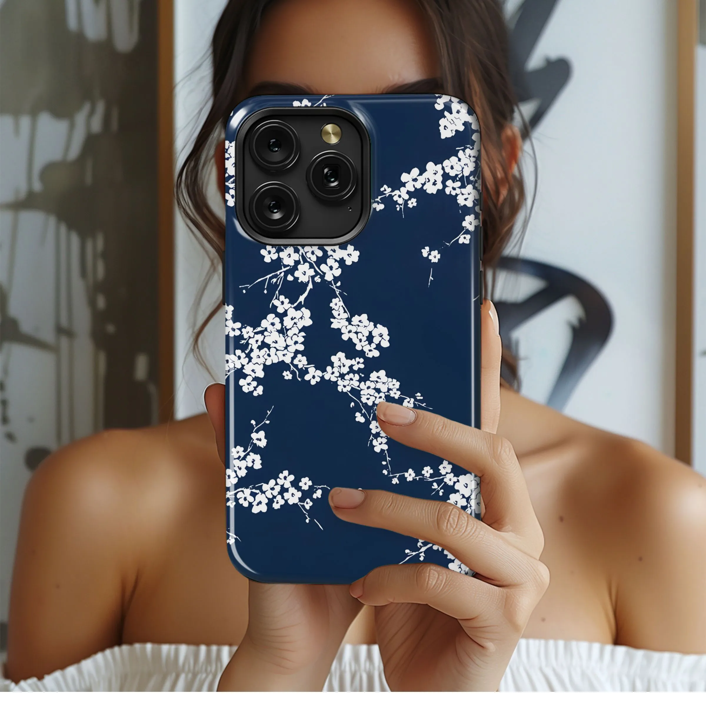 Navy Cherry Blossom Pattern Phone Case iPhone Samsung Cover Pixel 5339