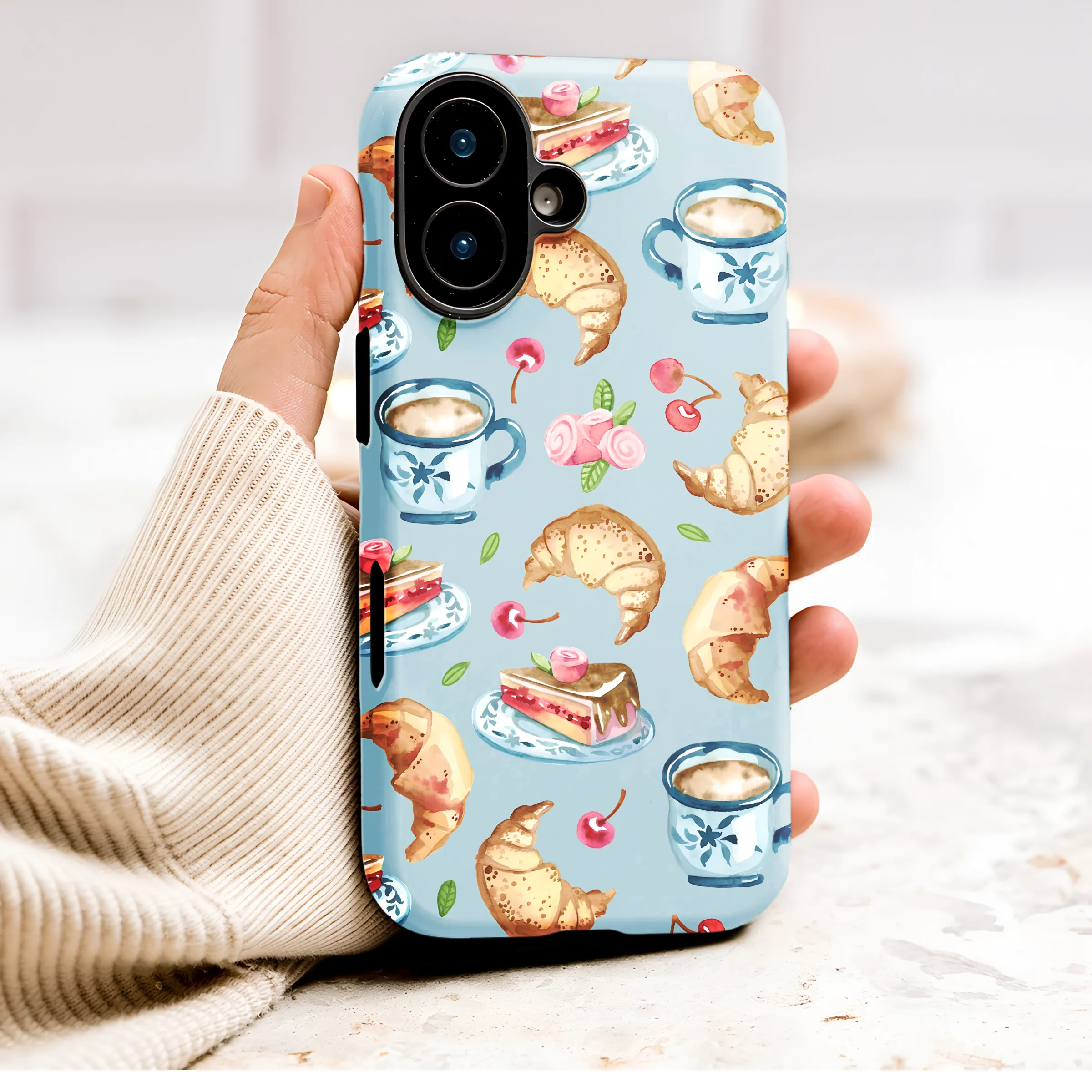 Parisian Cafe Watercolor Pastry And Coffee Design Phone Case Cover for iPhone 17 Pro Max 16 15 13 Samsung S25 S24 Pixel 9309 - Image 1