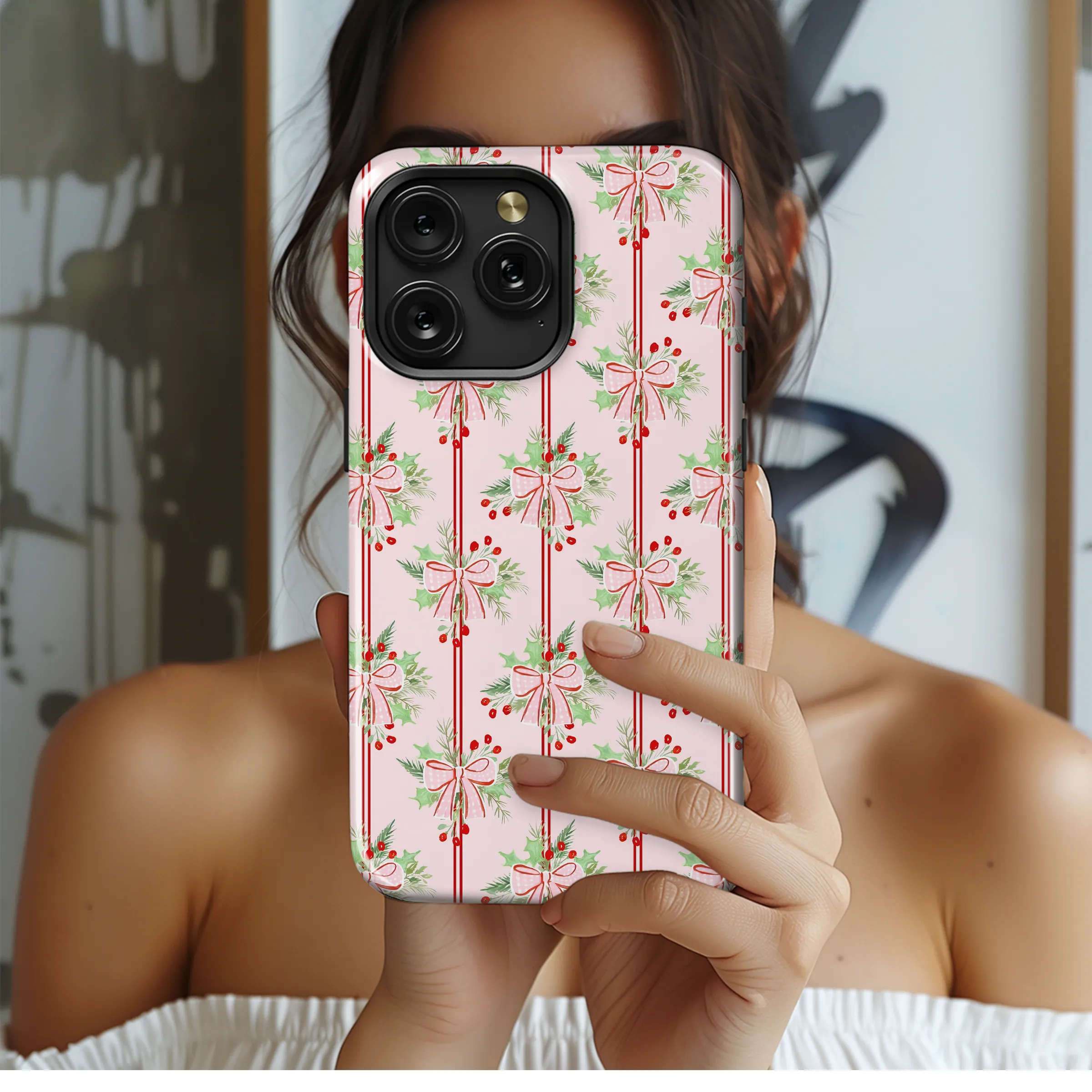 Pink Christmas Holly Gingham Bow Striped Pattern Phone Case Cover for iPhone 17 Pro Max 16 15 13 Samsung S25 S24 Pixel 8190
