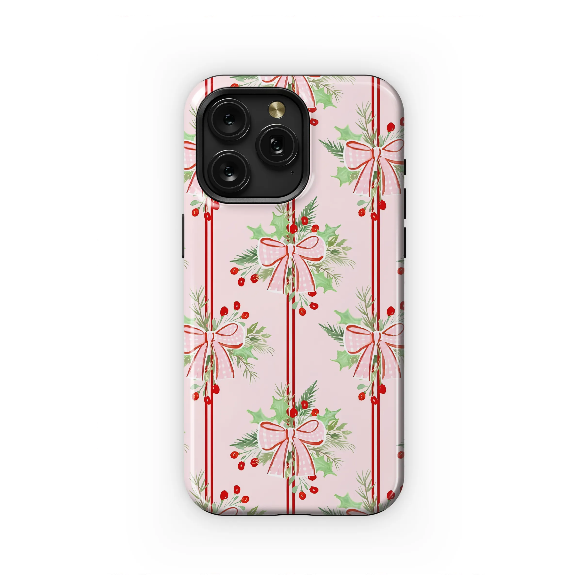 Pink Christmas Holly Gingham Bow Striped Pattern Phone Case Cover for iPhone 17 Pro Max 16 15 13 Samsung S25 S24 Pixel 8190