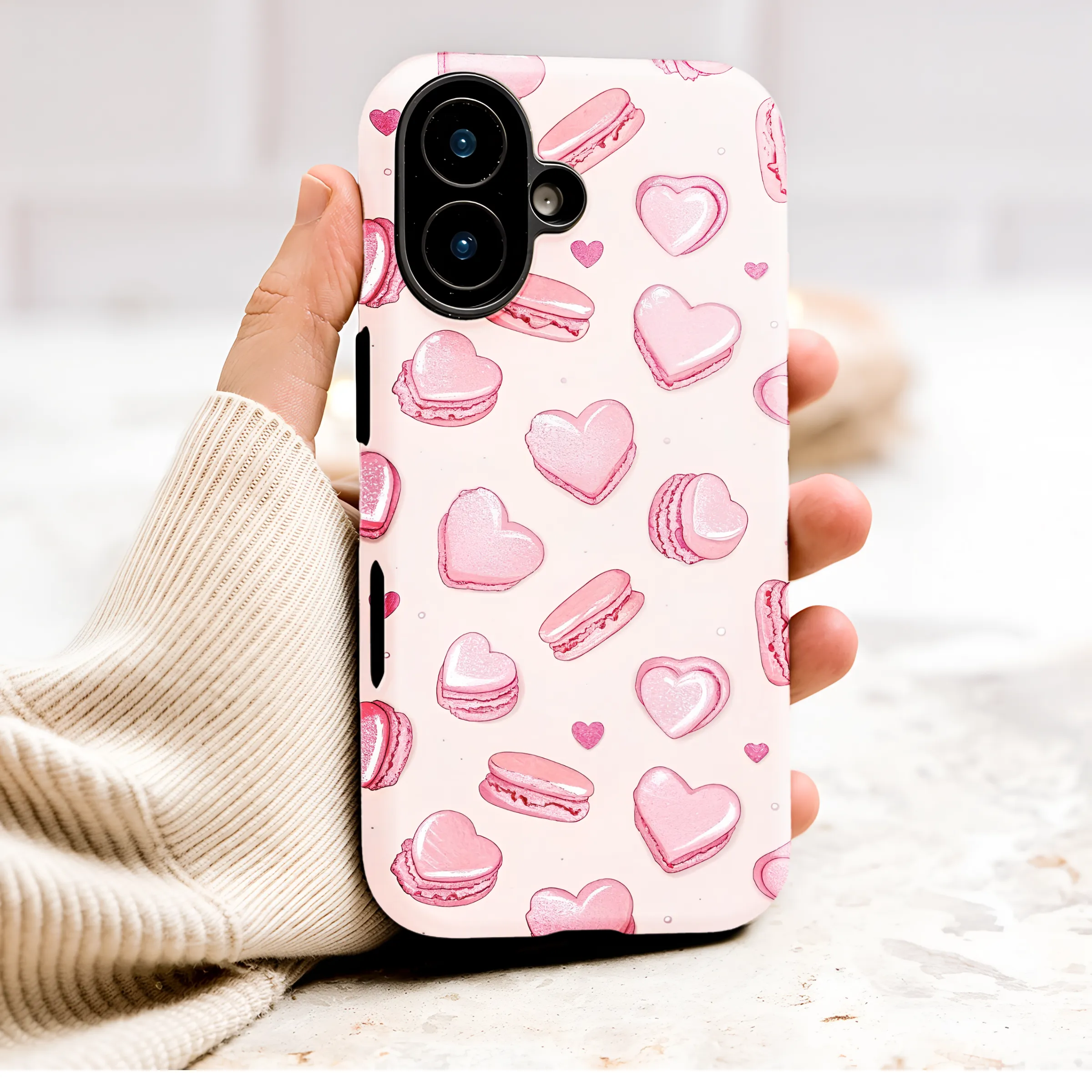 Pink Heart Macaron Pattern Cute Kawaii Dessert Art Phone Case Cover for iPhone 17 Pro Max 16 15 13 Samsung S25 S24 Pixel 9308 - Image 1