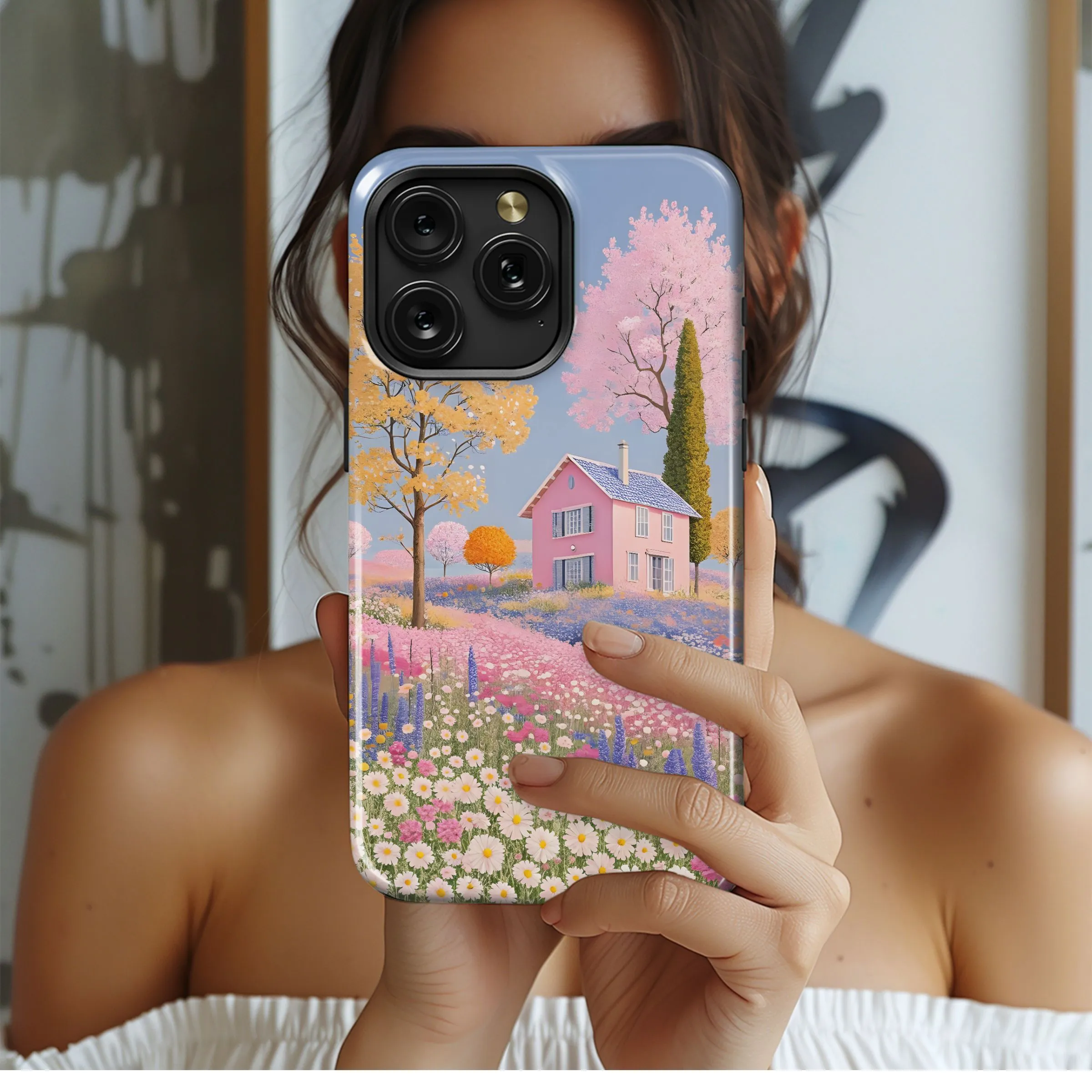 Pink House in Bloom Field Phone Case iPhone Samsung Cover Pixel 4930