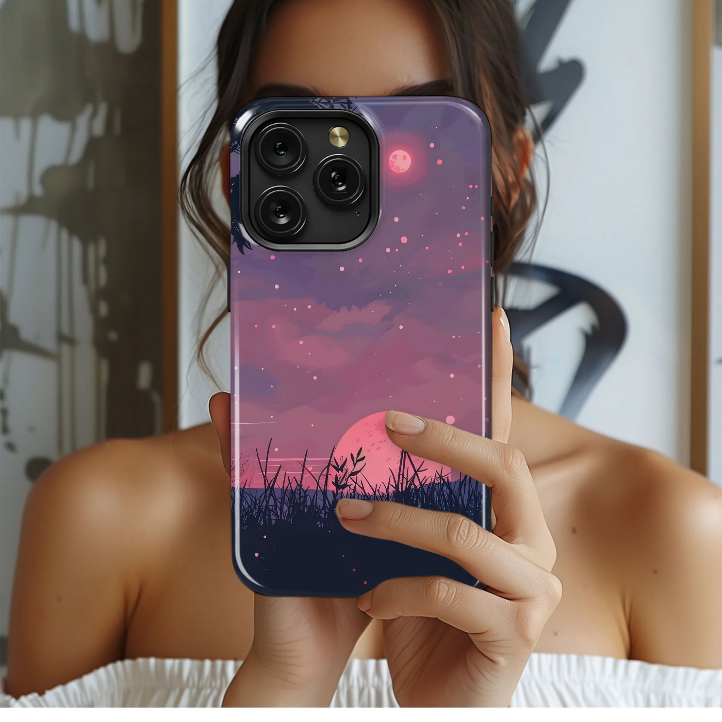 Pink Moon Twilight Sky Phone Case iPhone Samsung Cover Pixel 5455