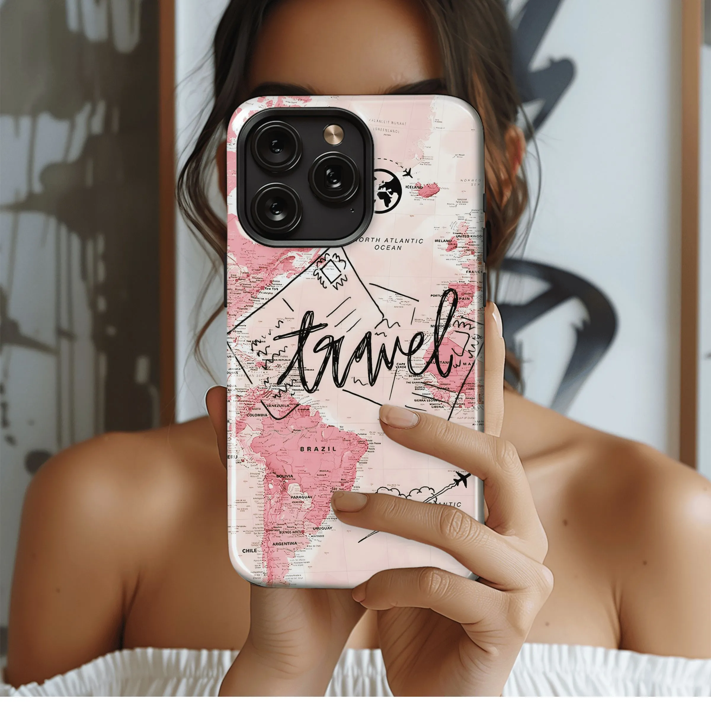 Pink World Travel Map
 Phone Case iPhone Samsung Cover Pixel 4465
