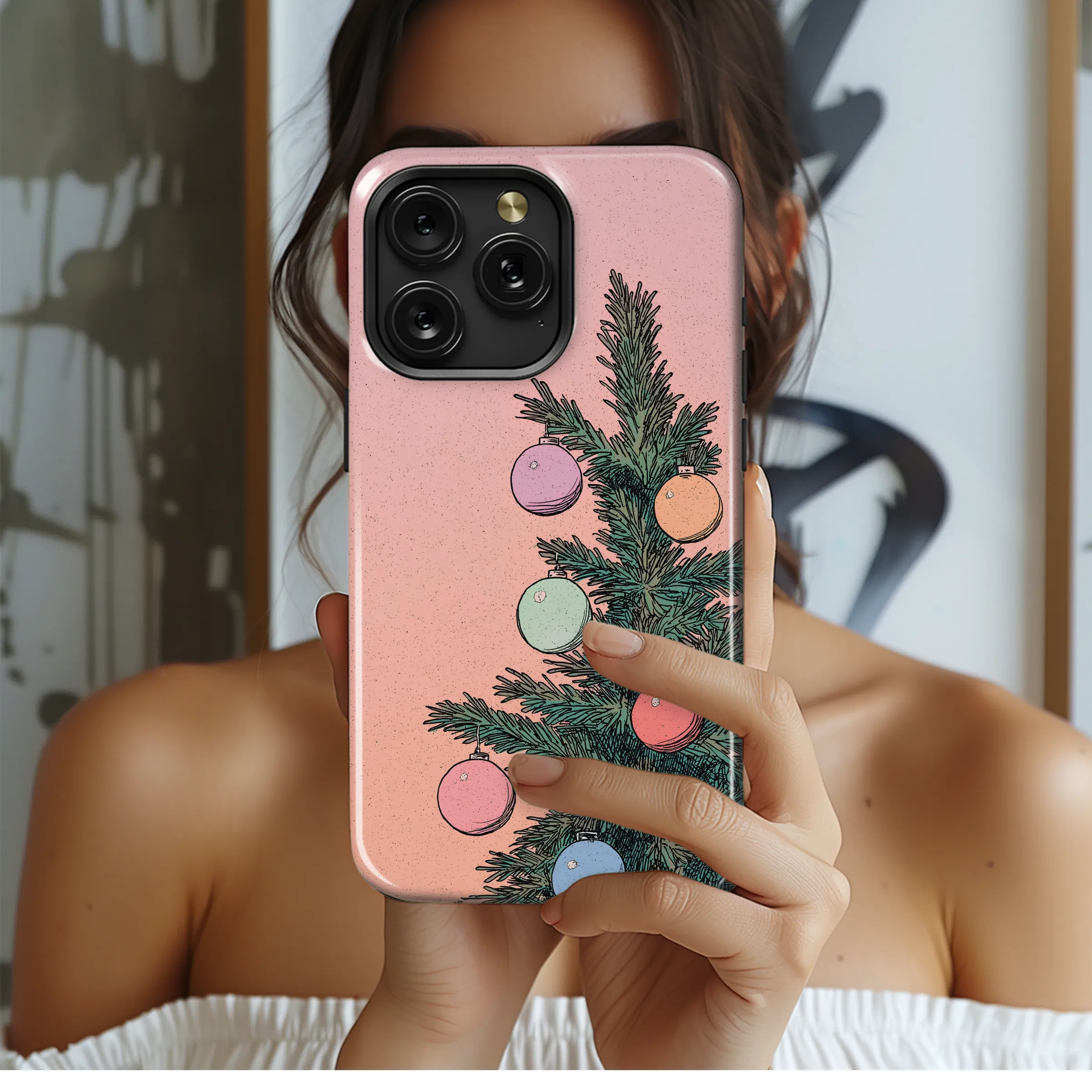 Retro Christmas Tree Art Pastel Ornaments Phone Case Cover for iPhone 17 Pro Max 16 15 Plus 14 13 Mini Samsung S25 S24 Pixel 10 9 8270 - Image 2
