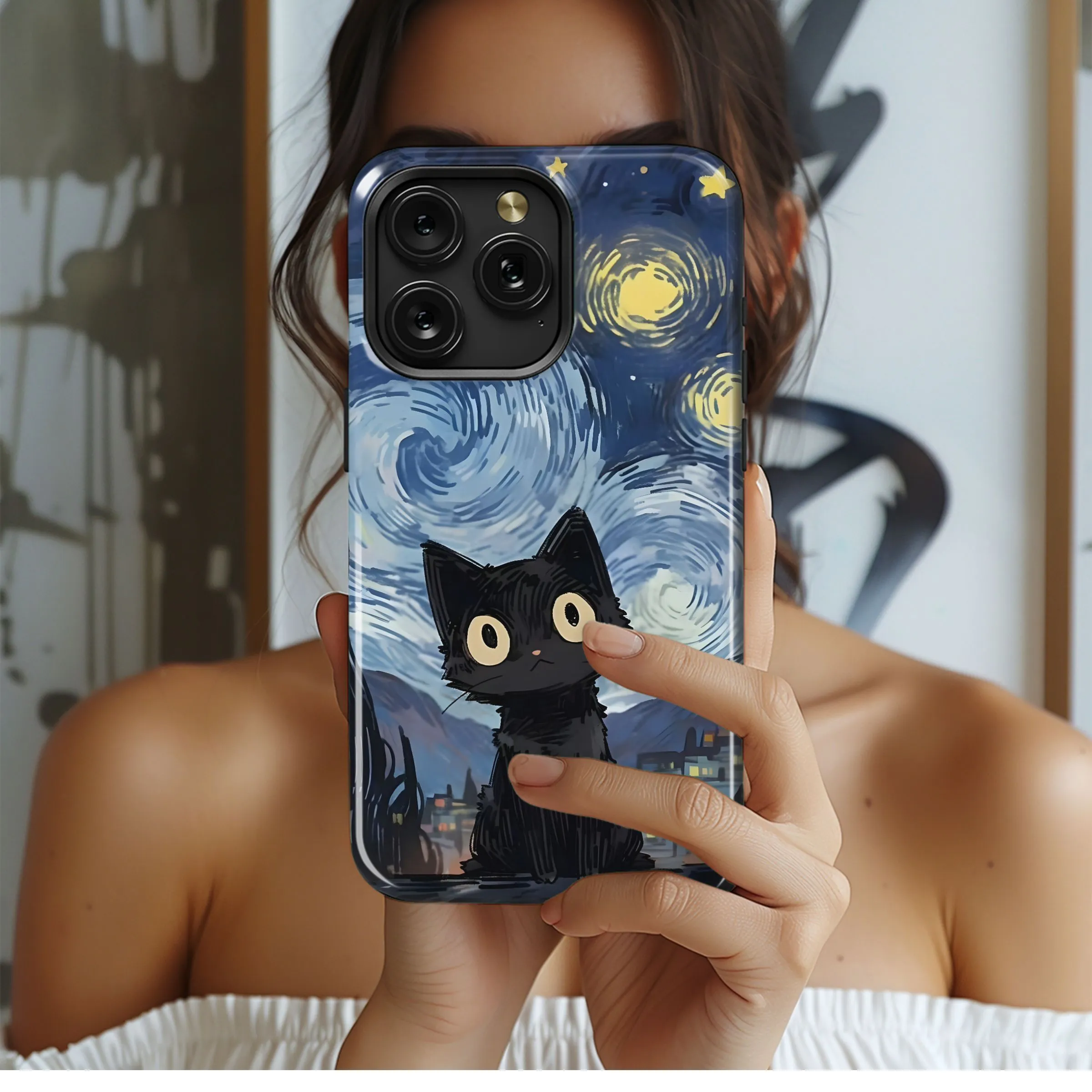Starry Night Black Cat Art Phone Case iPhone Samsung Cover Pixel 5091