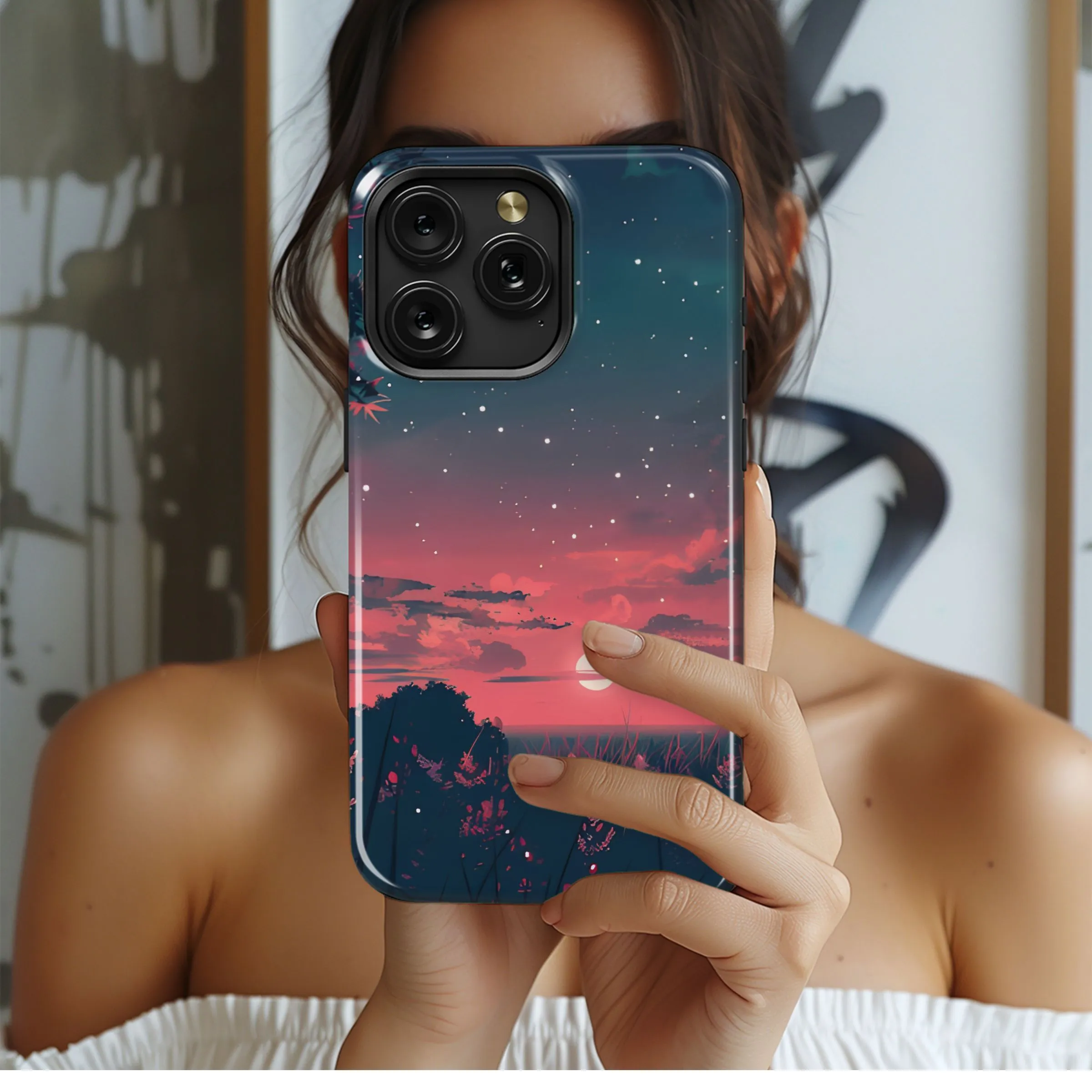 Starry Pink Cloud Forest Sunset Phone Case iPhone Samsung Cover Pixel 5450