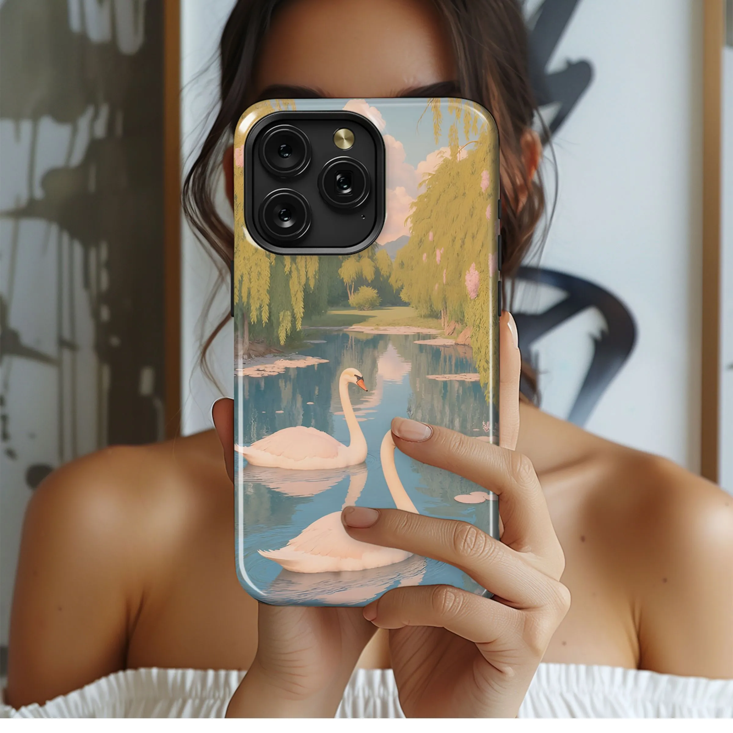 Swan Serenity Among Willows Phone Case iPhone Samsung Cover Pixel 5322