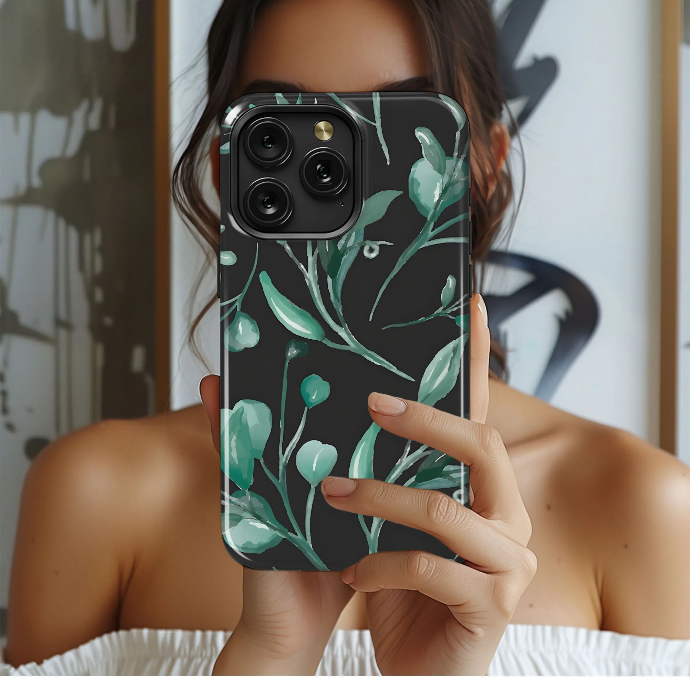 Teal Watercolor Foliage on Black Phone Case iPhone Samsung Cover Pixel 5195