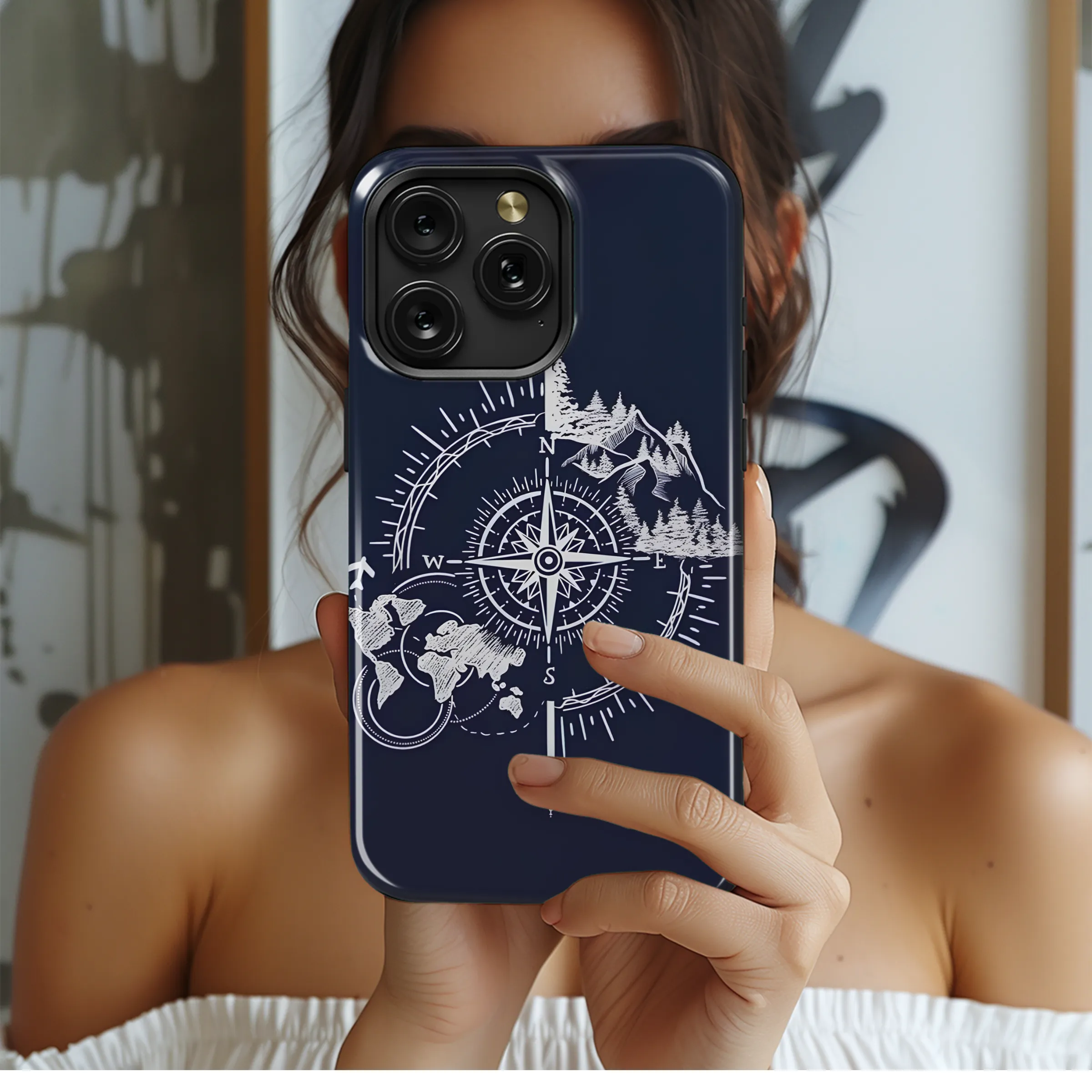 Travel Compass Mountain World Map Line Art Phone Case Cover for iPhone 17 Pro Max 16 15 Plus 14 13 Mini Samsung S25 S24 Pixel 10 9 8242 - Image 2