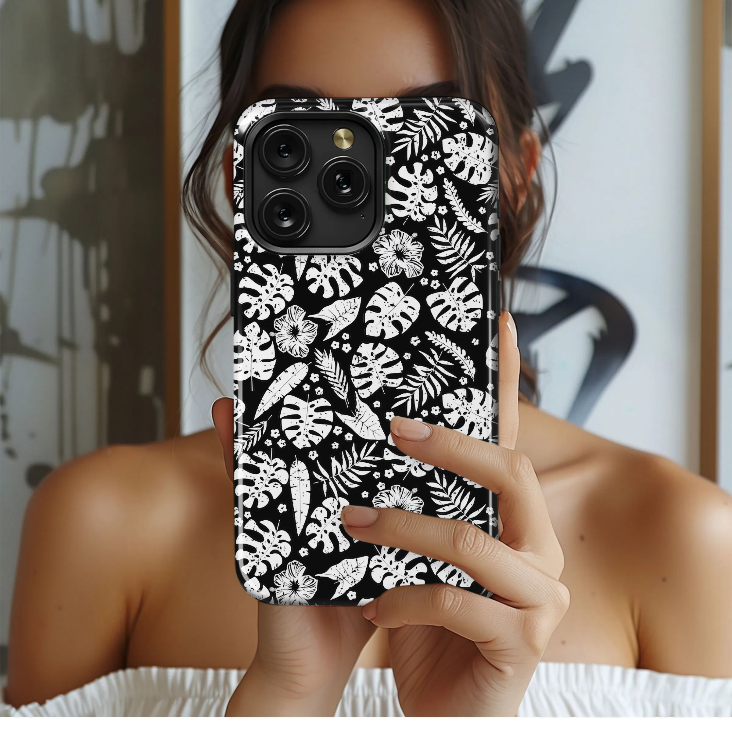 Tropical Black White Leaf Flower Phone Case iPhone Samsung Cover Pixel 5315