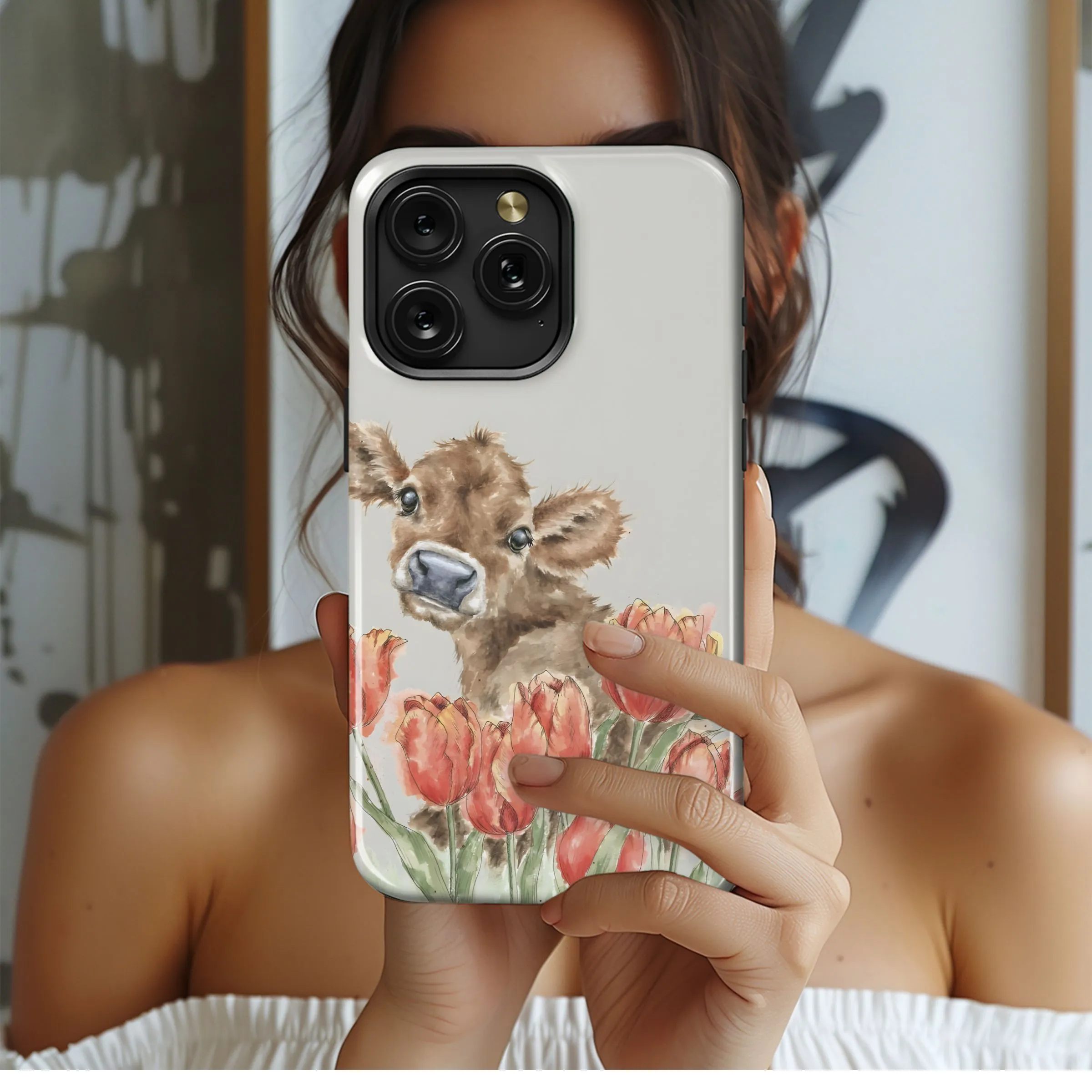 Tulip Cow Watercolor Design Phone Case iPhone Samsung Cover Pixel 4946