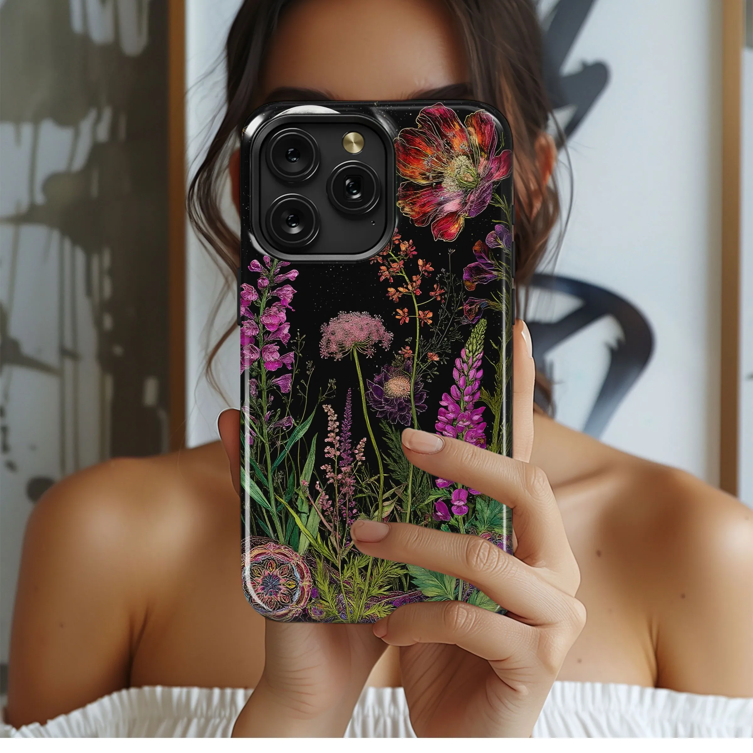 Vibrant Garden Flowers Under Moon Phone Case iPhone Samsung Cover Pixel 5386