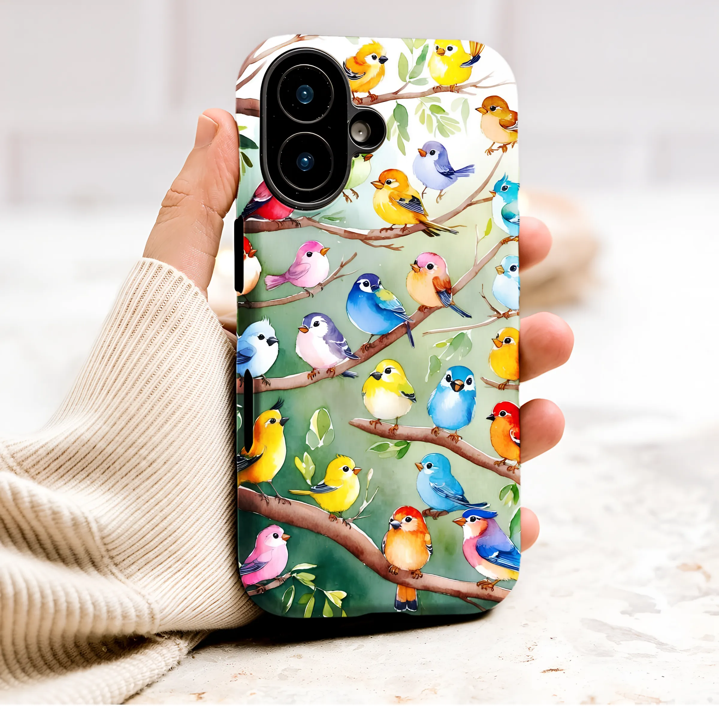 Watercolor Birds on Branch Art Illustration Phone Case Cover for iPhone 17 Pro Max 16 15 Plus 14 13 Mini Samsung S26 S25 Pixel 10 9 9648 - Image 1
