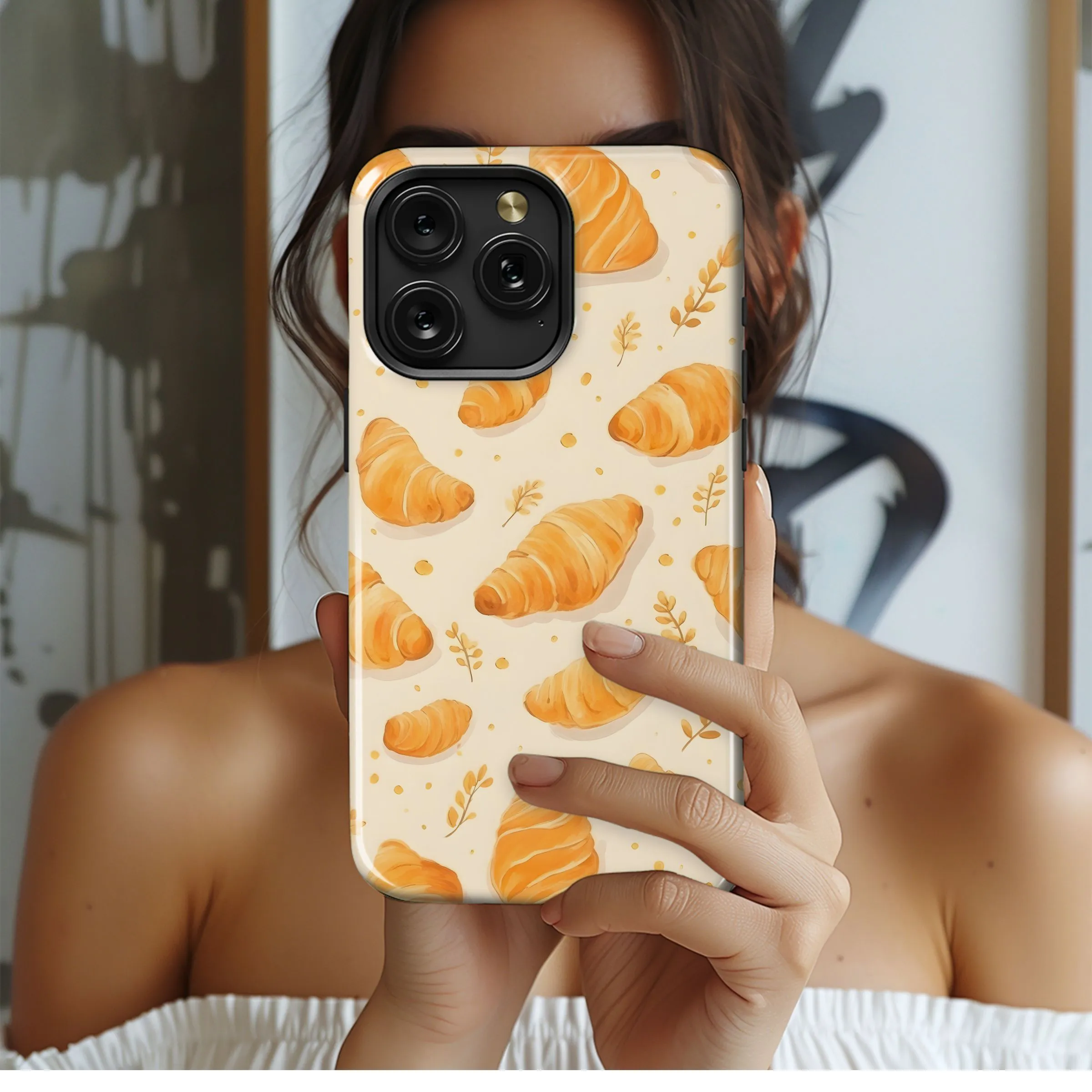 Watercolor Golden Croissant Print Phone Case iPhone Samsung Cover Pixel 5432