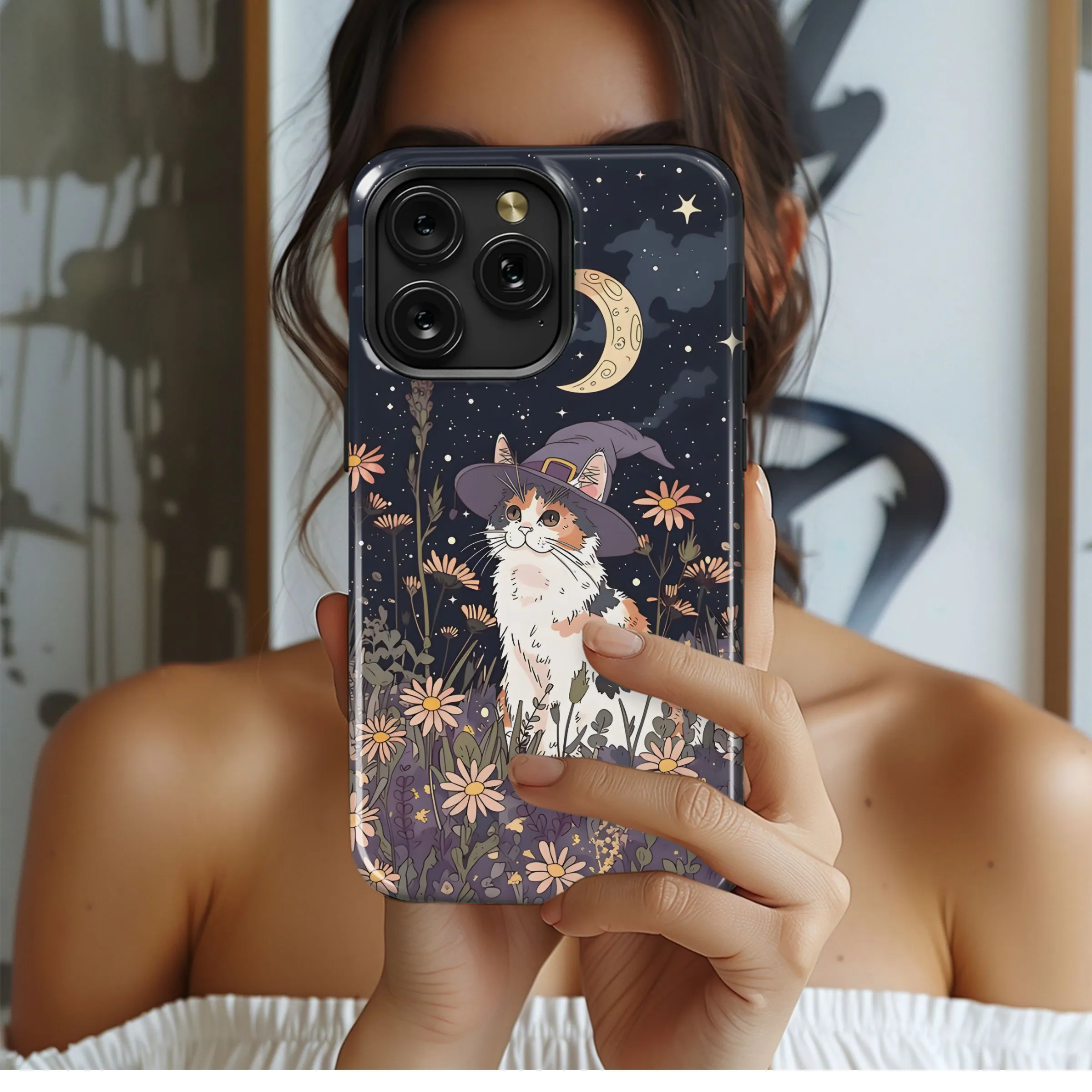 Witch Hat Cat Under Starry Moon Phone Case iPhone Samsung Cover Pixel 5252